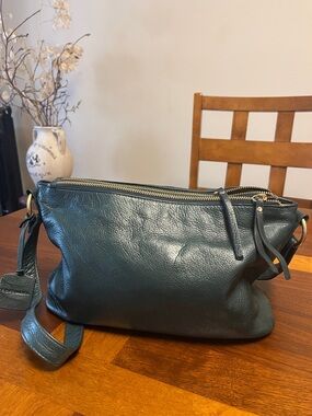 Leather Crossbody Bag in Dark Teal from Levenger company, grain leather